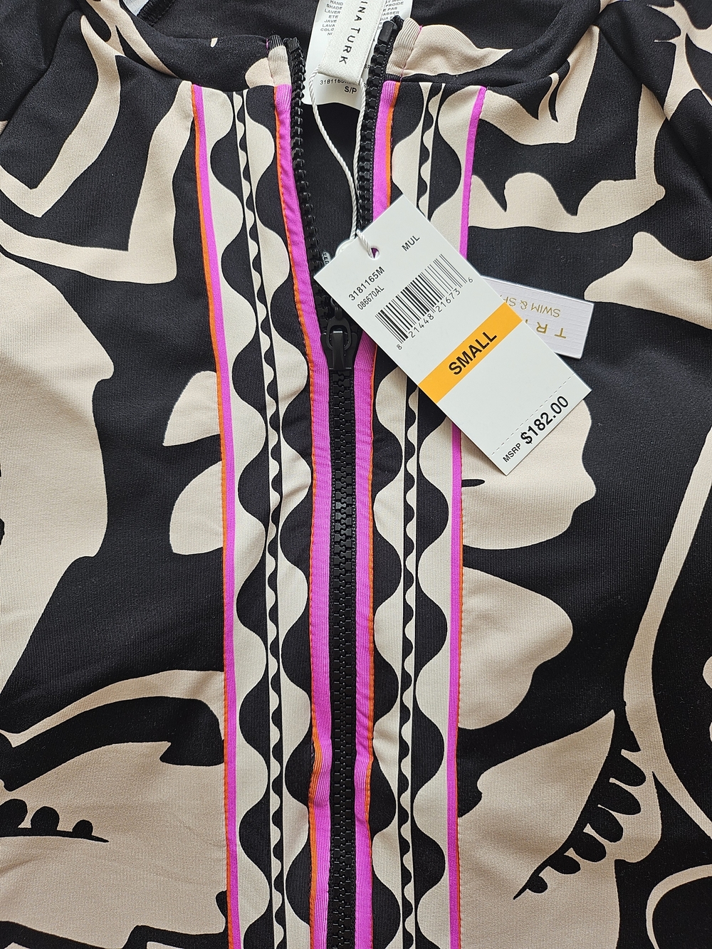 Trina Turk Black & Beige Short-Sleeve One-Piece Swimsuit with Pink Trim - Picture 2 of 4